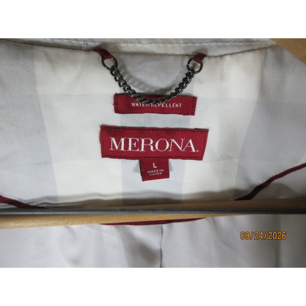 Merona Womens Plaid Trench Coat Cream Gray Water Repellent Double Breasted L - Picture 7 of 9